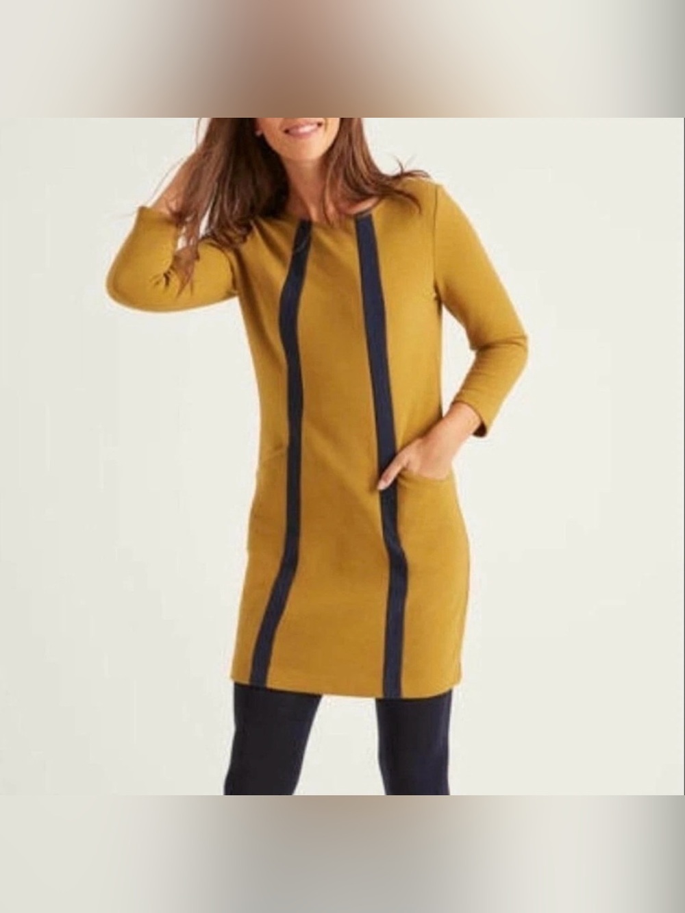 BODEN Anita Ottoman tunic Shift Dress J0477 Pockets 3/4 Sleeve Mustard Yellow 6R